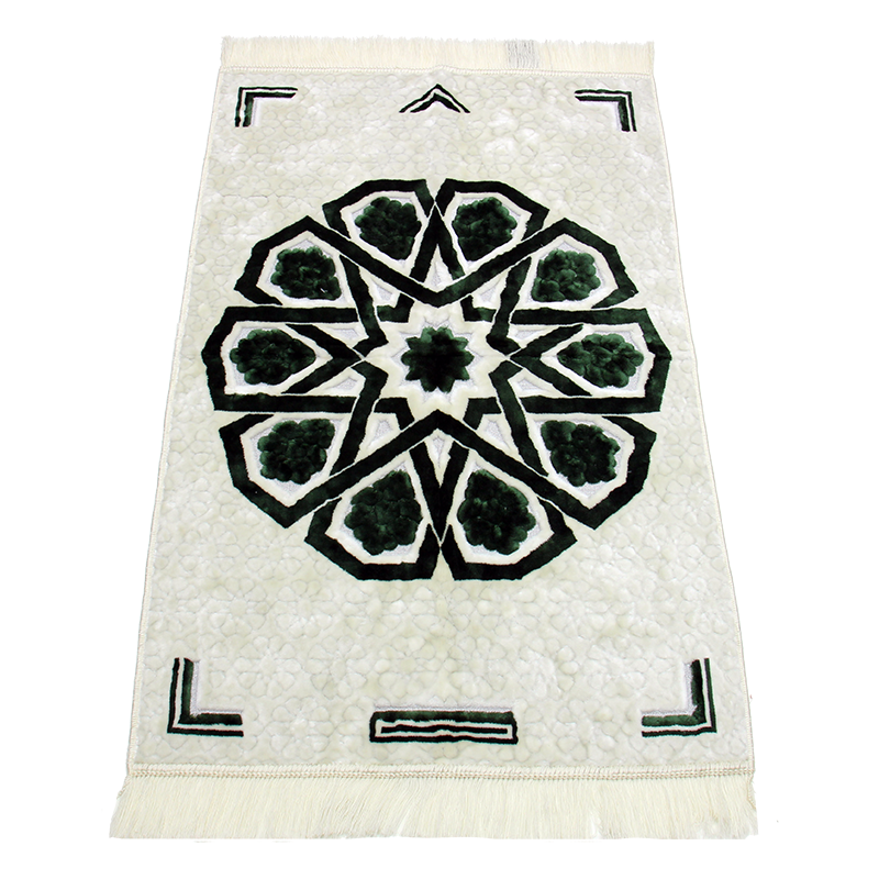 White & Emrald Green Pattern Muslim Prayer Rug