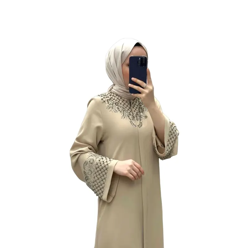 Embellished Layered Cuff Zip Abaya – Cream-2
