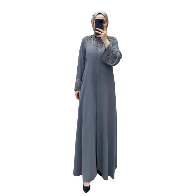 Embellished Layered Cuff Zip Abaya – Grey 1