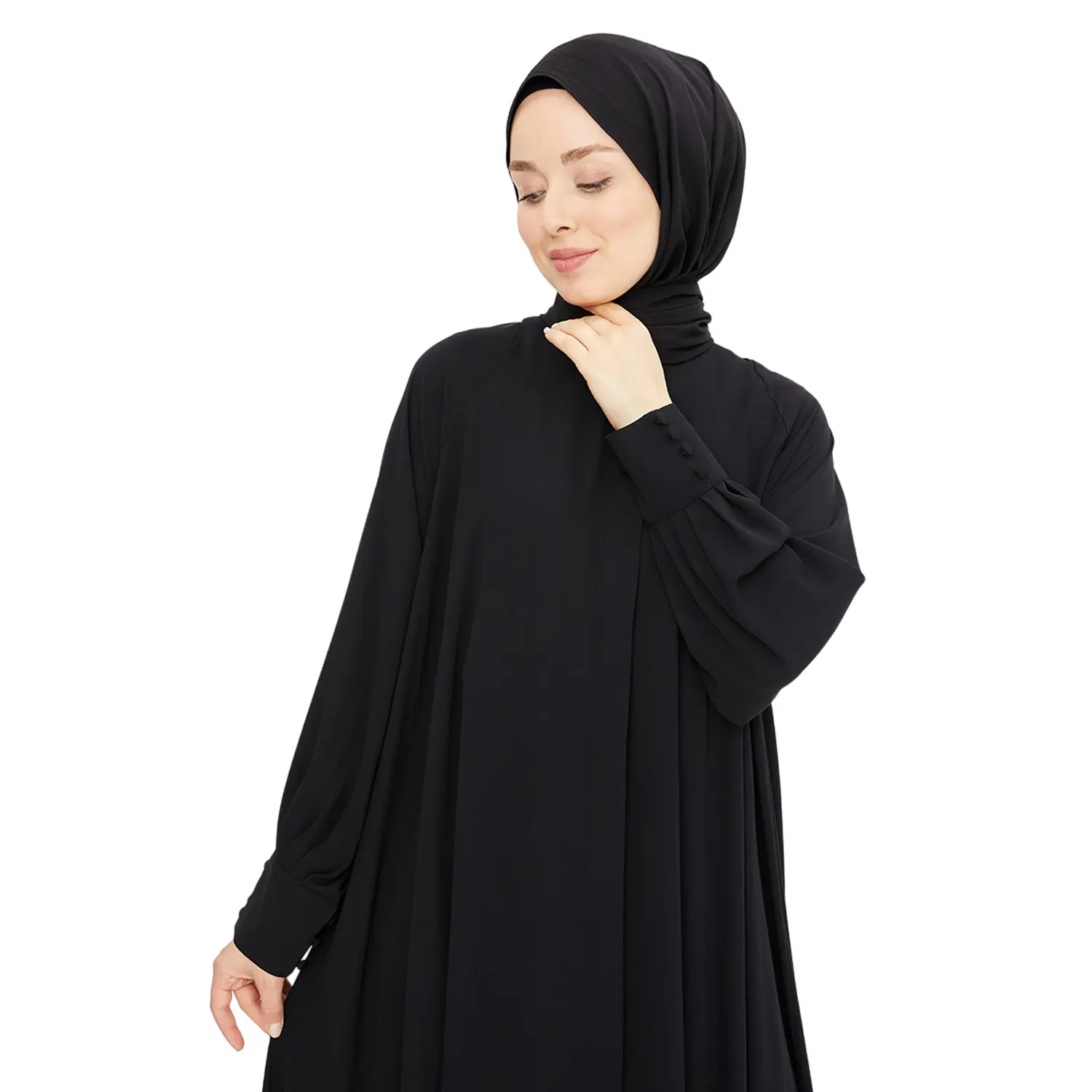 flared button black Muslim abaya