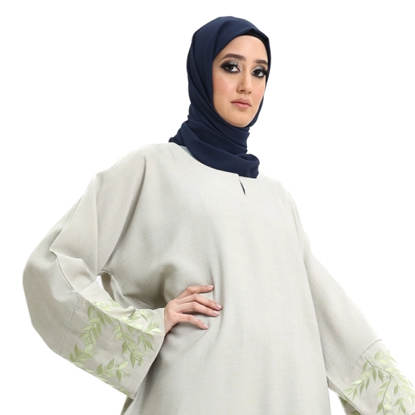 Embroidered Sleeved Linen Pistachio Muslim Abaya