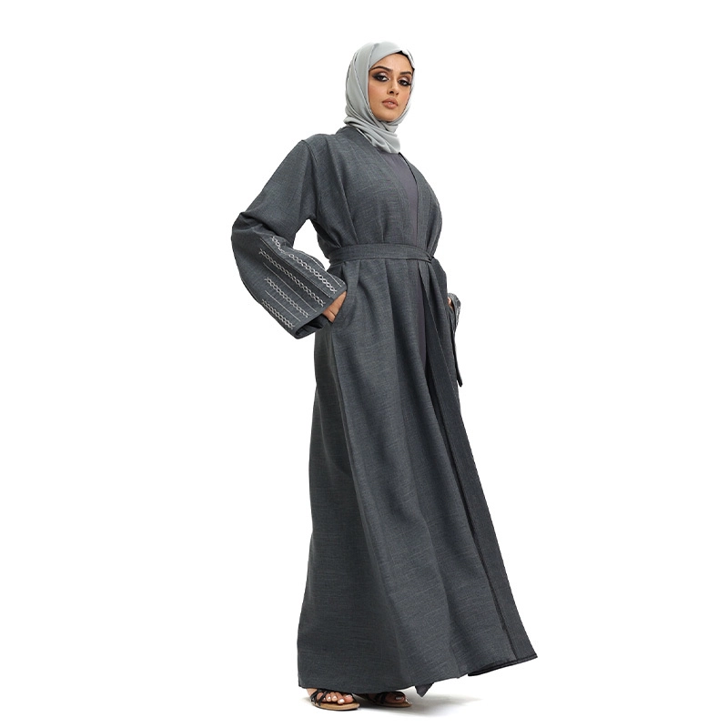 Women's Linen Grey Open Abaya