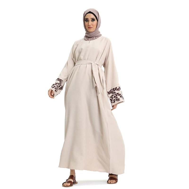 Linen Embroidered Sleeved Pastel Peach Abaya
