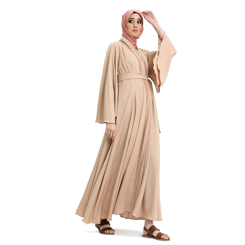 Embroidered Belted Nude Abaya