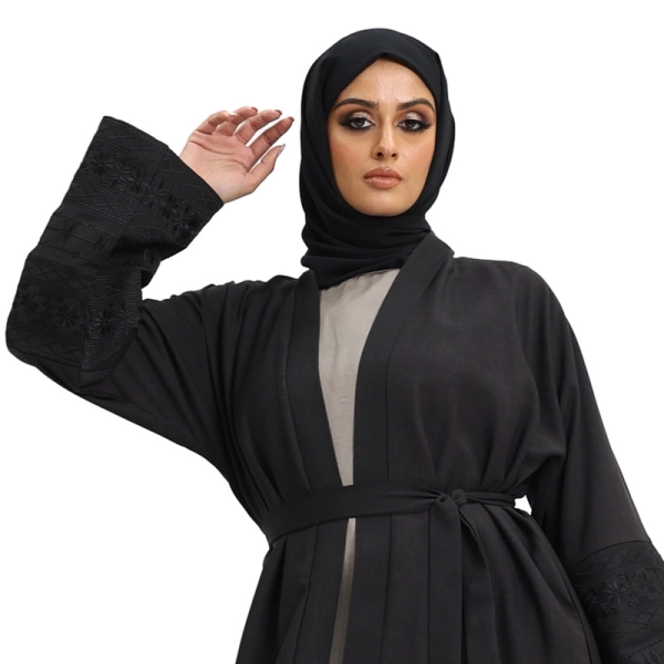 women’s linen fabric open abaya in black colour