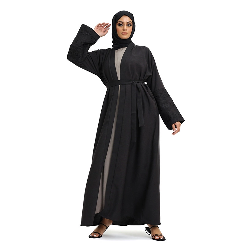 women's black linen open abaya