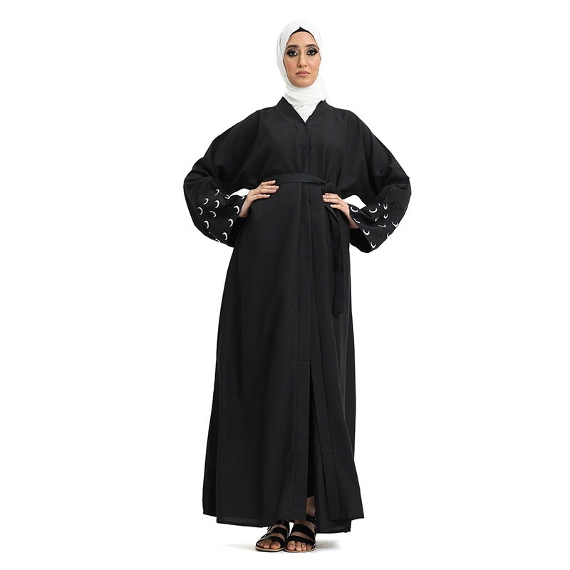 Linen Moon Embroidered Buttoned Black Abaya