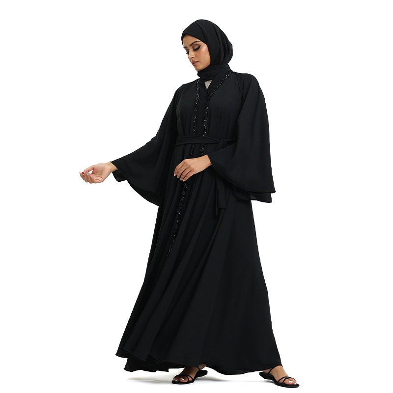 embroidered belted Islamic prayer abaya in black