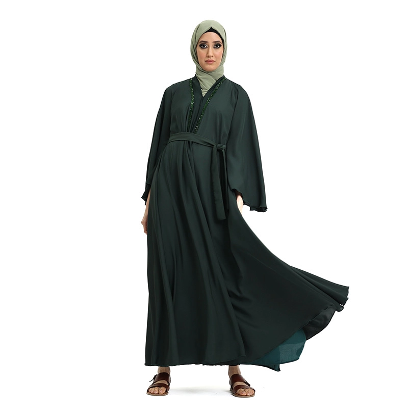 Amira Beaded Belted Bottle Green Abaya