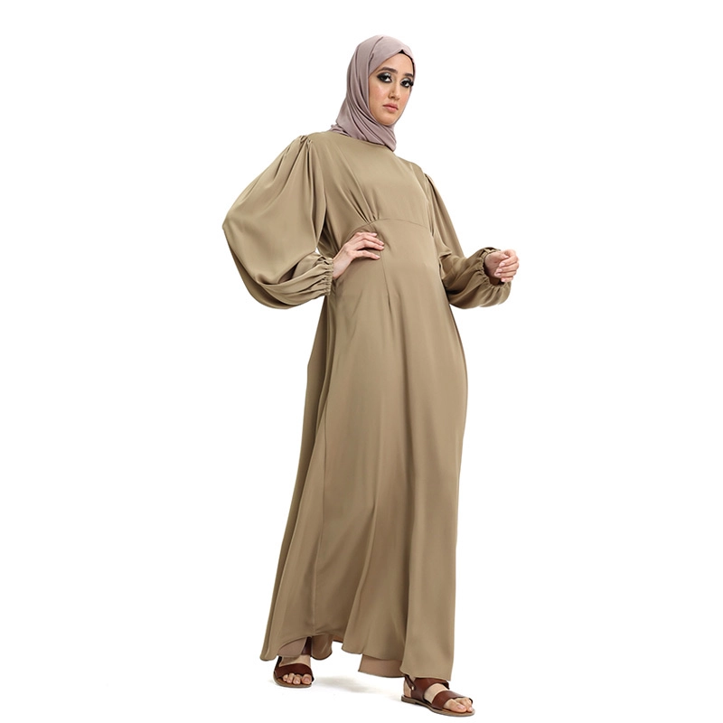 camel colour pleated satin Islamic dress