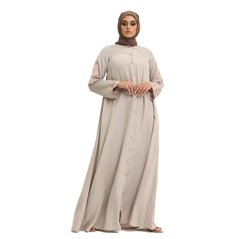 Embroidered Buttoned Cream Abaya