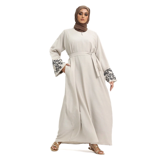 Linen Embroidered Sleeved Beige Abaya