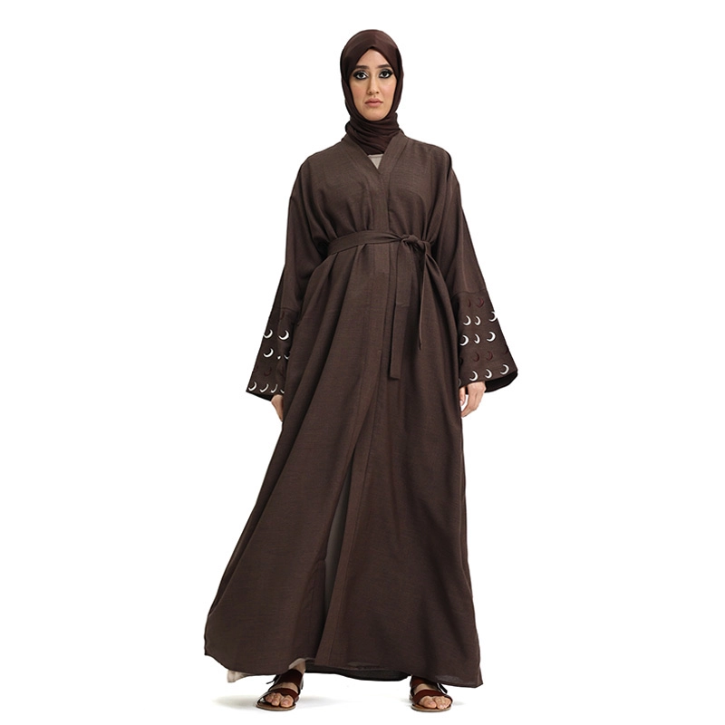 Embroidered Buttoned Brown Abaya