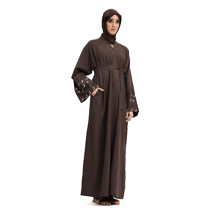 Linen Moon Embroidered Buttoned Brown Abaya