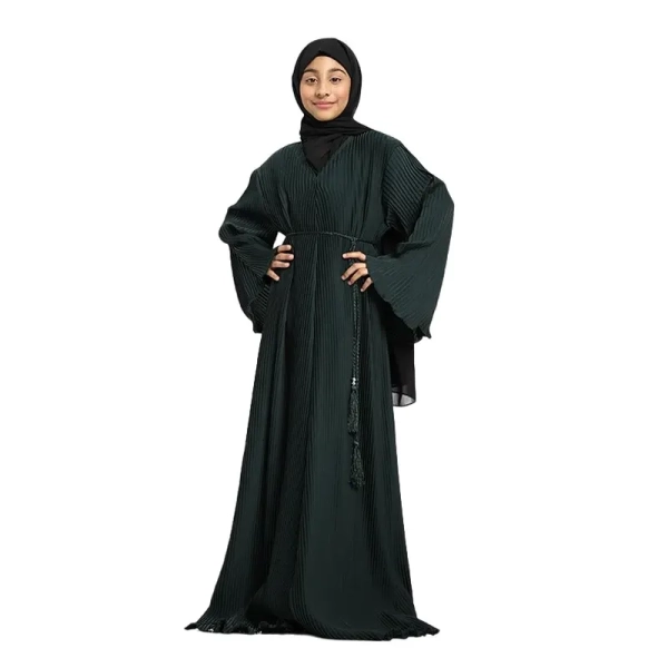 Girls Bottle Green Plicate Abaya